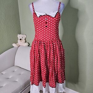 Red Polka Dot Midi Dress with White Trim and Bow
